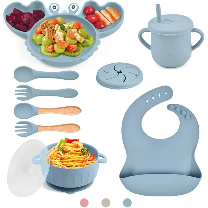 Set de Vajilla para Bebé de Silicona (Azul, Rosa y Gris) – Set de Alimentación Infantil con Plato, Cuenco, Taza y Cuchara – Sin BPA, Ideal para la Etapa de Destete - 1