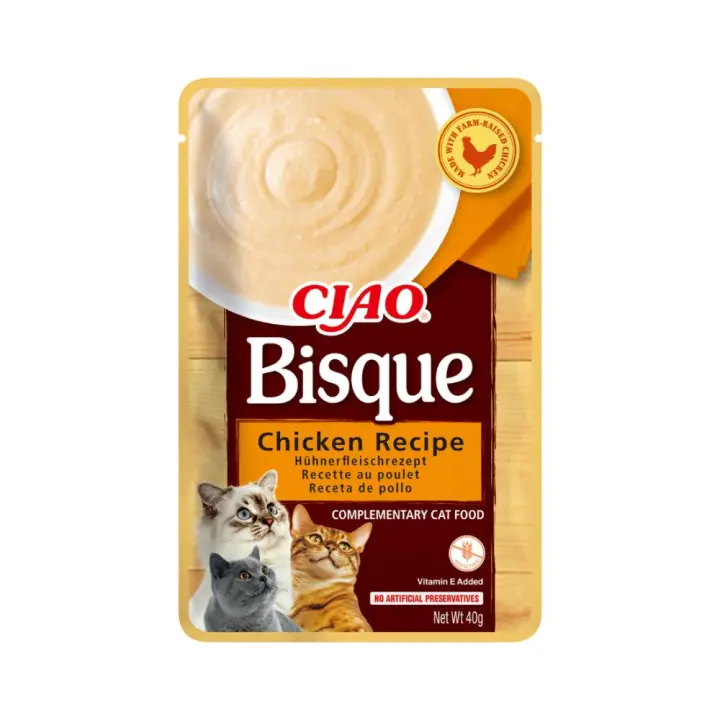 INABA Churu Bisque - 12 X 40gr - Puré para Gatos - Snacks Receta Pollo con Carne - Premios Saludables - Sin Cereales, Conservantes, Colorantes - Sólo 16 Calorías - 40g - 1