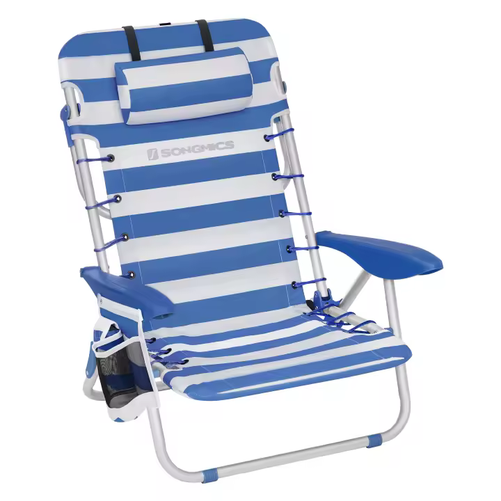 SONGMICS Silla de Playa, Silla de Camping, Silla de Exterior Portátil, con Correa de Hombro, Plegable, Respaldo Ajustable, Reposacabezas, Apoyabrazos, 2 Bolsillos Laterales, Azul y Blanco/Rojo y Blanco/Verde y Blanco - 1