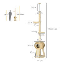 PawHut Árbol para Gatos de Suelo a Techo de 225-255 cm Torre para Gatos Altura Ajustable con Cueva Plataformas Hamaca Postes Rascadores Rampas y Bolas Colgantes Ø48x225-255 cm Beige - details 2