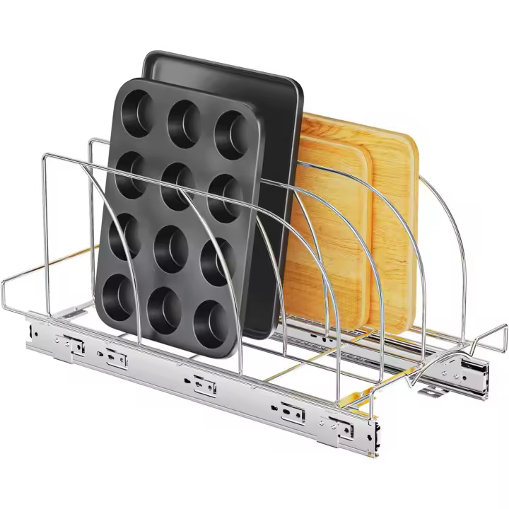 Organizador extrable para tablas de Cortar, bandejas y utensilios para hornear, organizador para armaria de cocina metálica extraible para ollas, sartenes y utensios de cocina con tapa - 1