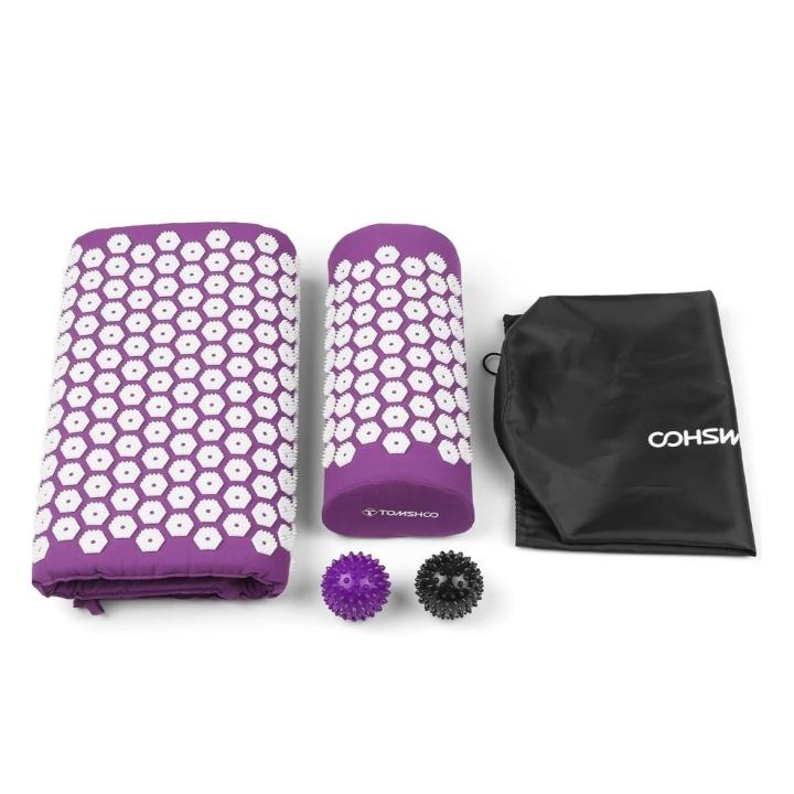 TOMSHOO Juego de acupresión, alfombrilla de acupresión y almohada con 2 bolas de masaje, terapia de alivio del dolor, cuello muscular, espalda, cuello con bolsa de viaje para hombres y mujeres