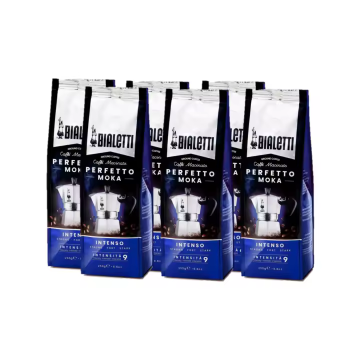 Bialetti Café Molido Italiano - Perfetto Moka: Clásico, Intenso, Vainilla, Avellana, Chocolate, Descafeinado y Delicato -  6 paquetes de 250 gr cada uno (1,5 kg)  Café de alta calidad - 1