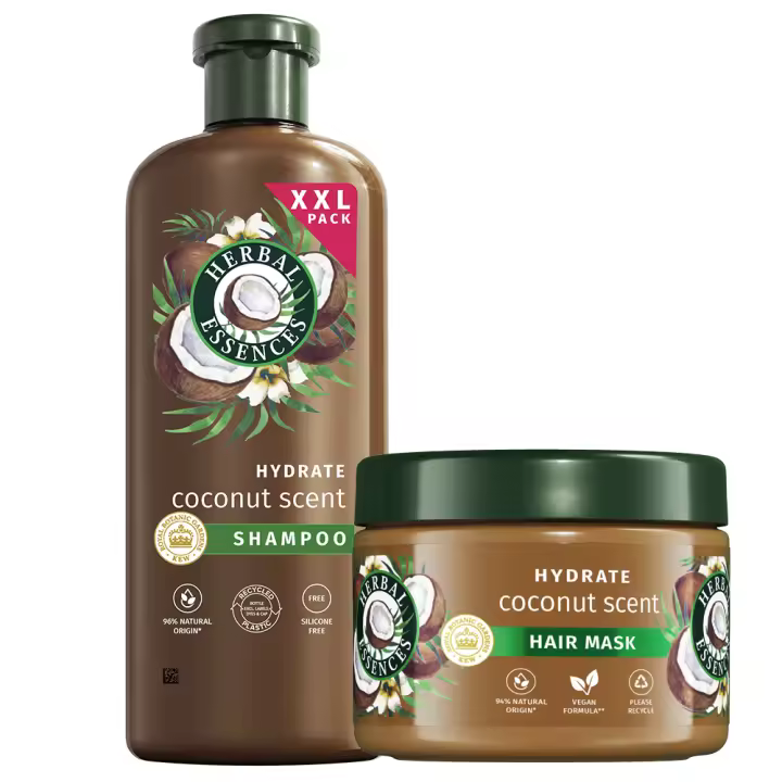 Herbal Essences Champú y mascarilla Hidratante Aroma a Coco Para Pelo Muy Seco. Ayuda A Hidratar Intensamente, Cabello Suave. De Origen Natural. Sin Siliconas, Vegano, No Testado En Animales 680+500ml - 1