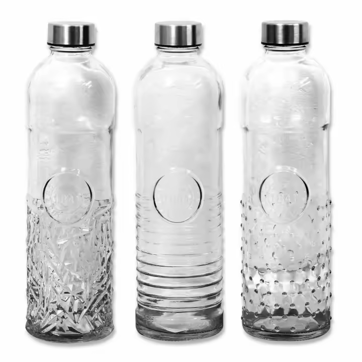 3 Botellas Cristal Vintage 1 litro con Tapa Acero Inoxidable, Sin fuga,s Resistente para Agua Bebidas, Refresco, Botella de Vidrio Decorativa Para Coleccion Cocina Viaje Portable - Urban Living - 1