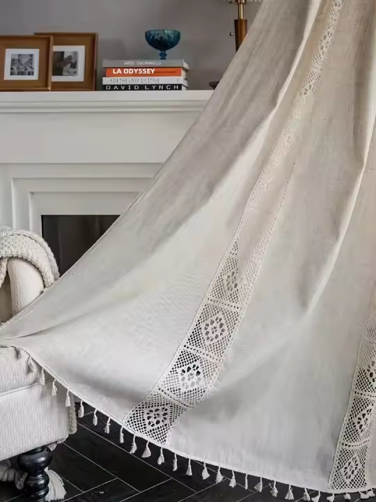 Conjunto De Cortinas Bohemio De Lino Puro Decorativas Con Espaciado Mitad Cierre Para Sala De Estar Modernas Y Decorativas - 1