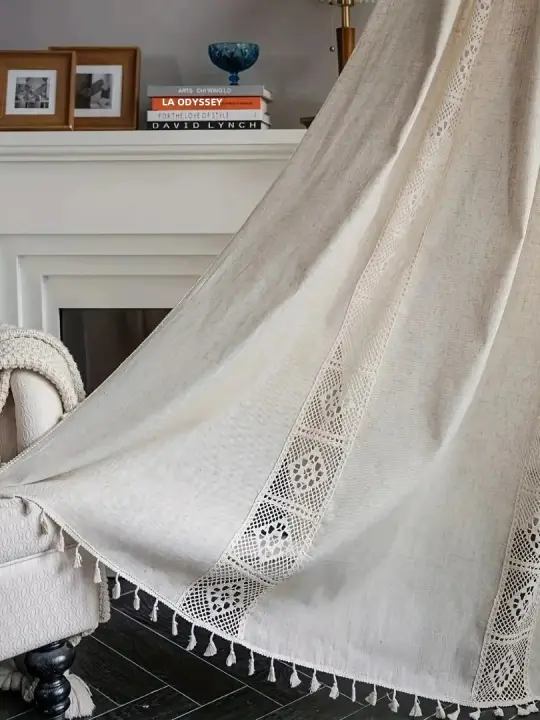 Conjunto De Cortinas Bohemio De Lino Puro Decorativas Con Espaciado Mitad Cierre Para Sala De Estar Modernas Y Decorativas - 1