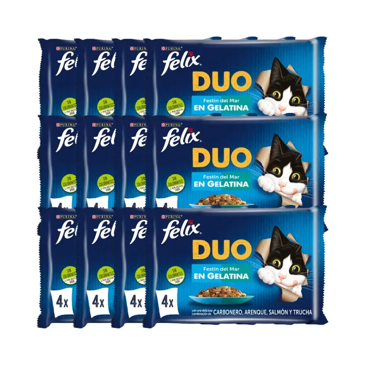 FELIX - Duo Gelatina (48x85 gr) - Comida Húmeda Festín del Mar (Pescado Blanco y Salmón, Arenque y Trucha, Salmón y Sardina, Trucha y Caballa) (12x4x85 gr) - 1