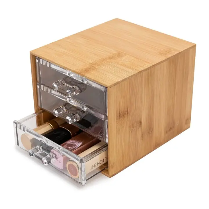 HOGUITA-Organizador de Maquillaje de Bambú con 4 Cajones de Acrílico Transparente Antipolvo,Cajonera de Bambu Multifuncional para Maquillaje, Joyas, Accesorios, Artículos de Oficina y Más,Almacenamiento Elegante y Duradero - 1