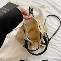 Bolsa de paja para mujer, bolsa de playa tejida de verano con cordón de cordón, bolso de mano para vacaciones - details 2