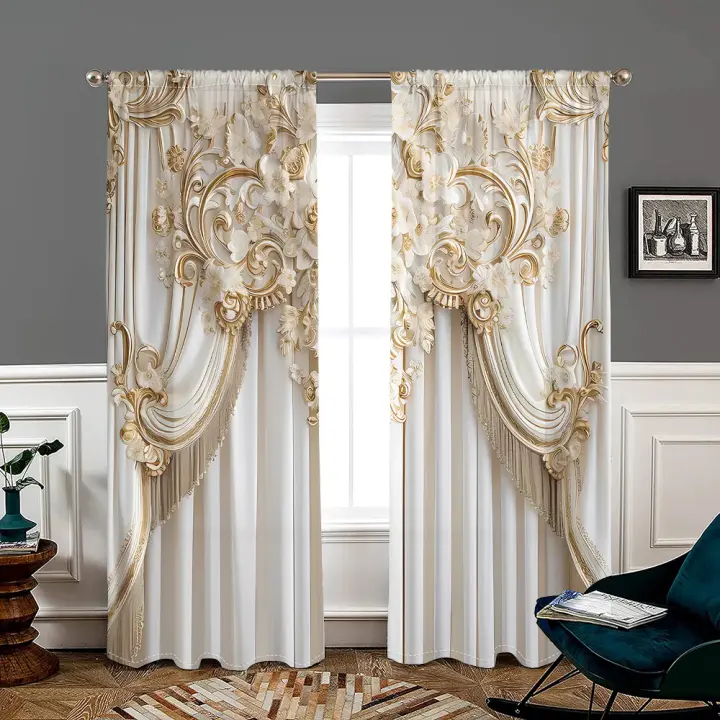 2 Piezas Cortinas Europeas De Lujo 3D Con Bloqueo De 30% Para Sala De Estar Dormitorio Cocina Decoración De Hogar Estilo Clásico - 1
