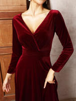 Vestido Largo De Veludo Para Mujer Elegante Vestido De Fiesta De Velours Lujo Con Cuello En V Manga Larga A-Line Pierna Ancha Polyester - details 1