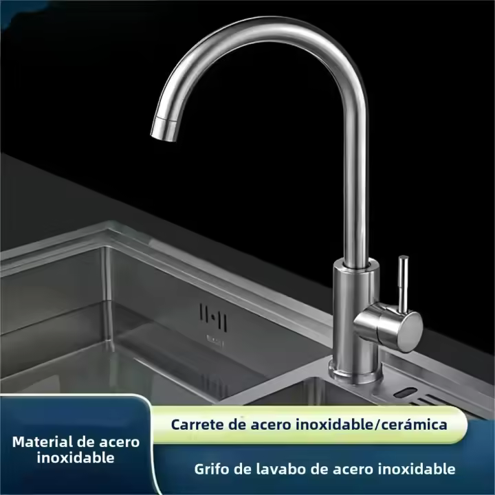 Grifo De Cocina De Acero Inoxidable 1pc Rotativo 360° Anti-salpicaduras Para Fregadero Agua Caliente Y Fría Montaje En Plataforma - 1