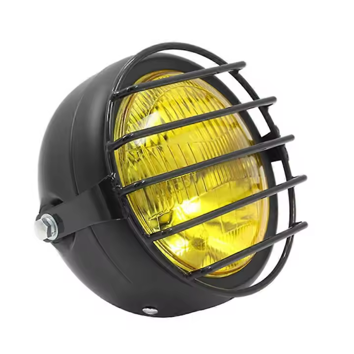 Faro delantero ámbar retro vintage para motocicleta, montaje lateral universal, 35 W, 6,5 pulgadas, color café, con rejilla - 1