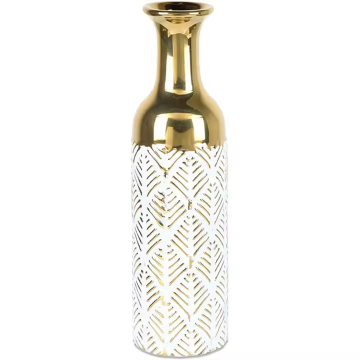 Jarrón Cerámica Decorado Rombos Blanco y Dorado 36cm - 1