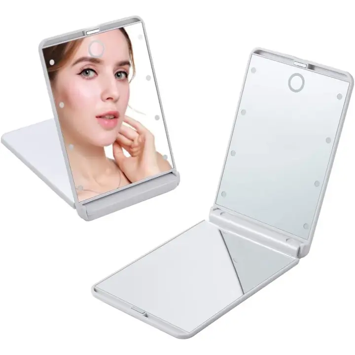 Espejo de maquillaje iluminado LED portátil con 8 luces LED regulables, Espejo de maquillaje de viaje con interruptor táctico, Espejo compacto plegable 1X y aumento 2X - 1