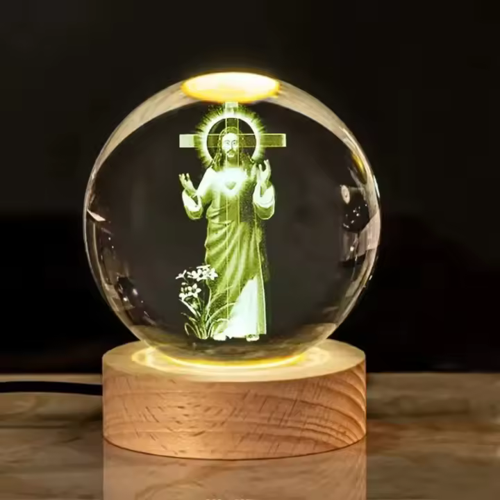 Lámpara De Decoración Con Base De Madera Y Globito De Vidrio Religioso De Jesús Luz Nocturna Diametro 2.36" O 3.15" Regalo De Cumpleaños Para El Hogar Y Escritorio - 1