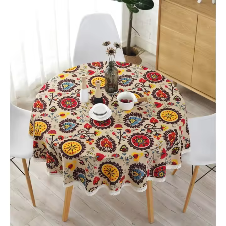 SOMY MantelesManteles redondos de lino y algodón, mantel de flores de sol, mantel de encaje, multiusos para uso interior y exterior (diámetro 120 cm, girasol) Manteles - 1