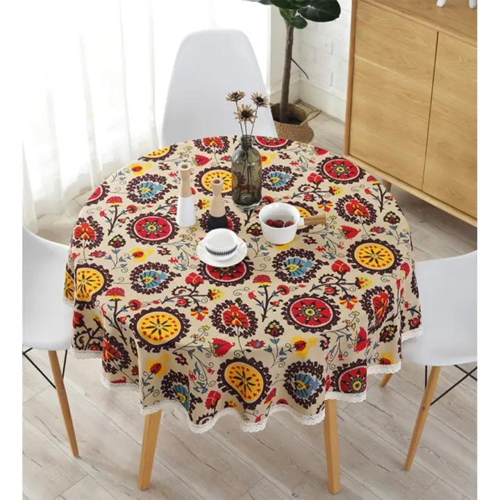 SOMY MantelesManteles redondos de lino y algodón, mantel de flores de sol, mantel de encaje, multiusos para uso interior y exterior (diámetro 120 cm, girasol) Manteles - 1