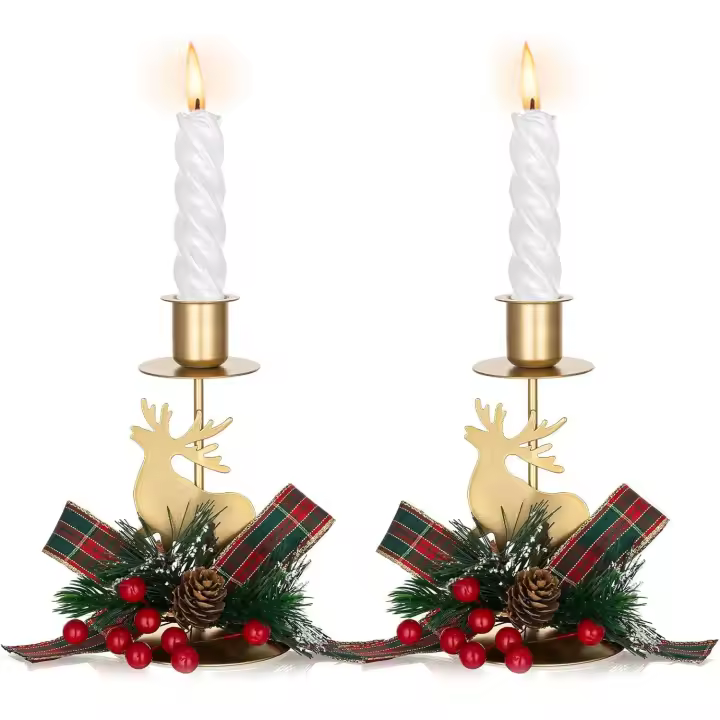 Candelabros de reno con decoración de lazo navideño, juego de 2 candelabros dorados, centros de mesa decorativos con candelabros de ciervo - 1