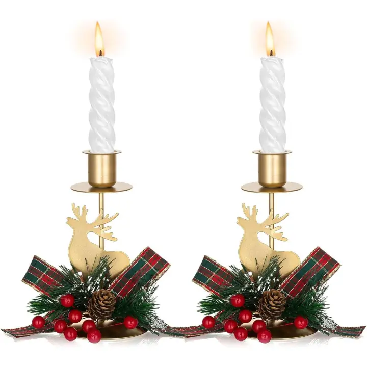 Candelabros de reno con decoración de lazo navideño, juego de 2 candelabros dorados, centros de mesa decorativos con candelabros de ciervo - 1