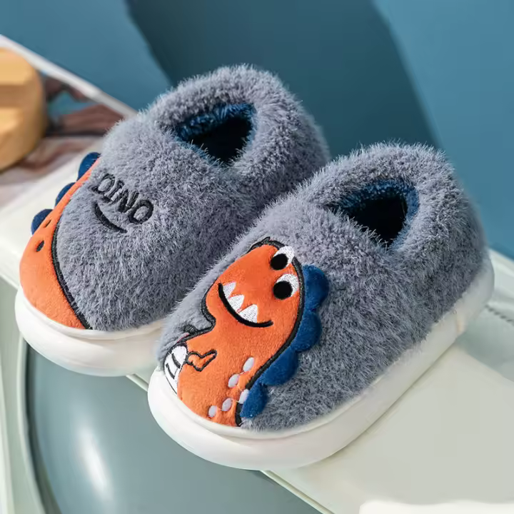 Zapatillas De Invierno Para Niños Con Bordado De Dinosaurio De Peluche Suave Antideslizante Cálido Para Boys Y Girls Zapatos De Tela De Algodón Para Interior - 1
