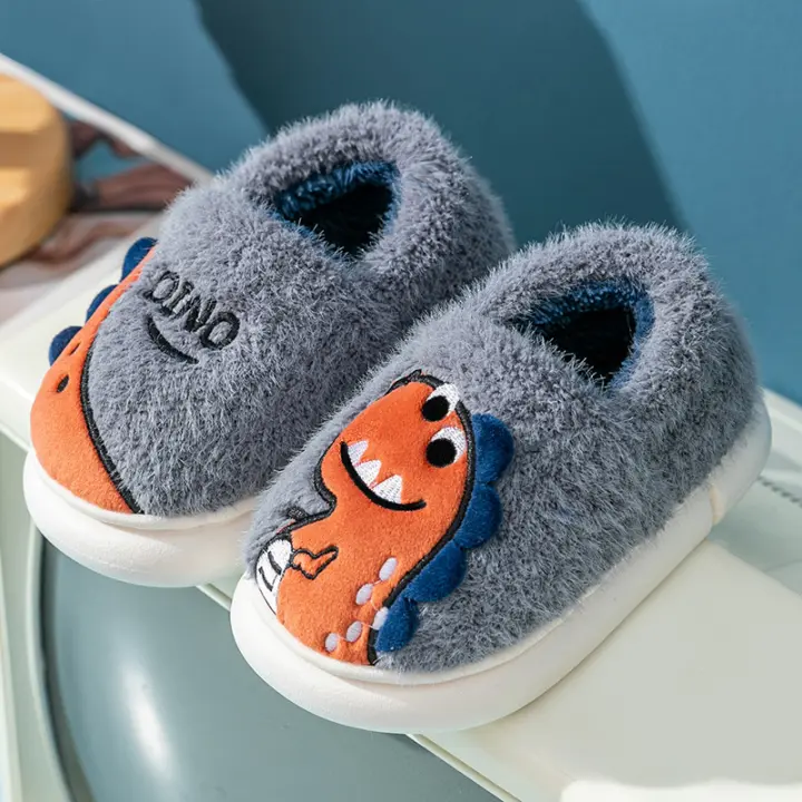 Zapatillas De Invierno Para Niños Con Bordado De Dinosaurio De Peluche Suave Antideslizante Cálido Para Boys Y Girls Zapatos De Tela De Algodón Para Interior - 1