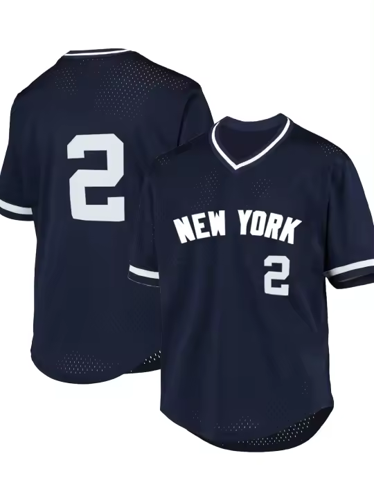 Camiseta De Béisbol Para Hombres Número 2 Con Bordado De Letras De Nueva York Ajuste Largo Cuello En V Manga Corta Transpirable Retro Deporte - 1