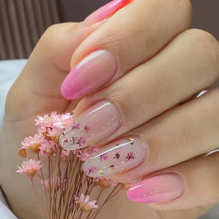 Uñas postizas Cortas de Almendra, 24 piezas, uñas postizas Francesas con degradado de colored Rose nude y Patrón floral, uñas postizas brillantes con pegatinas de adhesivo para uñas - 1