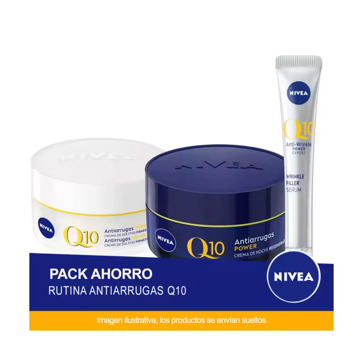NIVEA RUTINA Q10 - Pack Ahorro cuidado facial - Contiene Crema de día FP30, Crema de noche y Serum Rellenador de Arrugas - 1