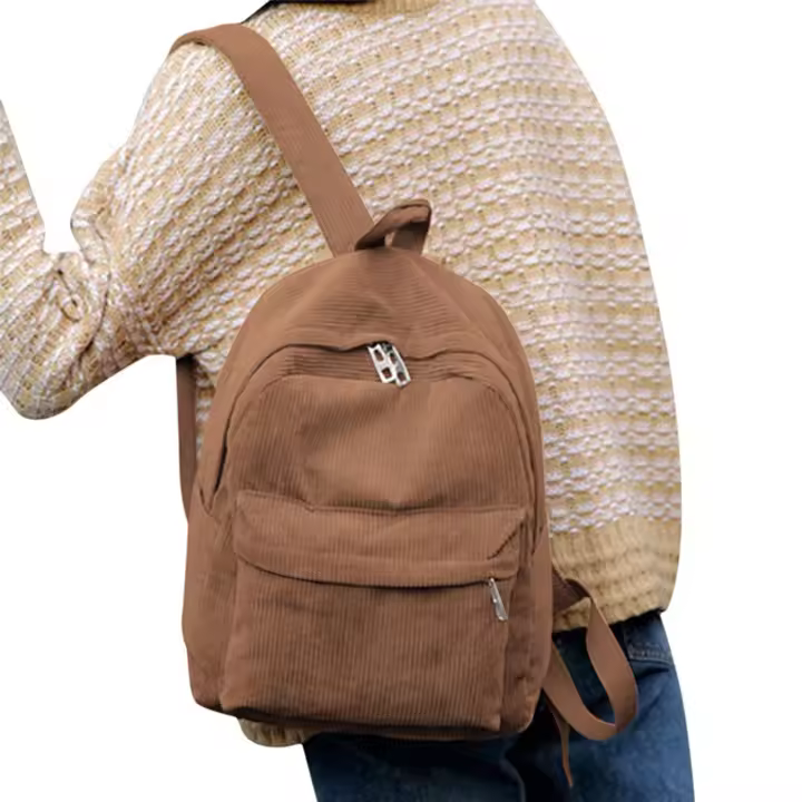 Mochila De Corduroy Para Mujer Estilo Preppy Sólido Bolsa De Hombro Para Niñas Teenager Cierre De Cremallera Material Principal Corduroy Lining De Poliéster - 1