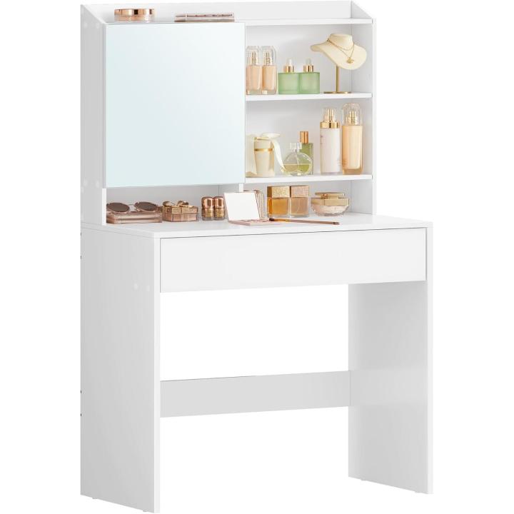 Dressing Table with Mirror, Makeup Table with Cabinet and Drawer with Mirror, Adjustable Shelves, Modern Style, 70 x 40 x 136 cm, White