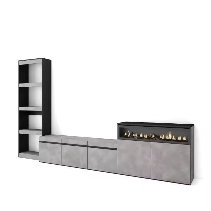 Skraut Home - Conjunto de muebles de Salón - Estantería y organización - Mueble TV con tres puertas - Aparador con dos puertas y Fuego led efecto 3d - Veteado de madera - Tacto poroso de alta calidad - Estilo Moderno - 310x35x186cm - 1