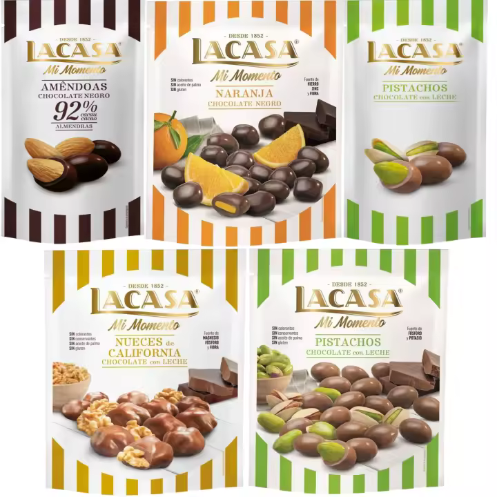 Lacasa Mi Momento pack de 5:Pistacho Chocolate Leche ,Almendra 92% ,Nueces Chocolate Leche,Naranja Chocolate Negro ,Pistacho Chocolate Leche - 1