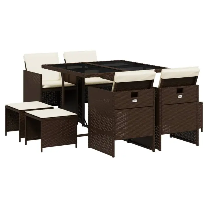 vidaXL Set comedor para jardín 9 pzas y cojines ratán sintético marrón - 1