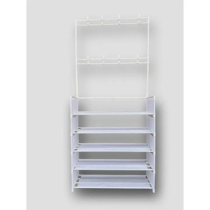Zapatero de Metal de 5 niveles, estante para sombreros, árbol de salón ajustable con 16 ganchos de suspensión de Metal, cubierta lateral para entrada, baño, sala de estar - 1
