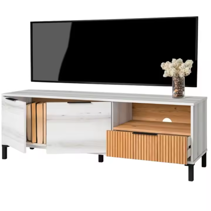 Miroytengo Mueble de TV Tokio Estilo Nórdico en Color Blanco Albo y Roble Rayado con 2 Puertas 1 Cajón 136 cm - 1