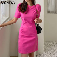 VONDA Vestido Mujer Verano 2024 Moda Casual A-Line Mini Con Bolsillo Cuello Redondo Manga Corta Sobremesa Trabajo Ropa Oversize - details 2