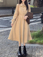 Vestido Preppy Para Mujer Elegante Con Mangas Largas Estilo Clásico Solido A-Line Cuello Redondo Botones Midi Primavera 2025 - details 0