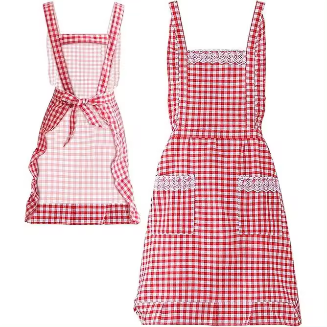 Delantal clásico vintage para mujer, delantal de algodón a cuadros rojos y blancos, babero de chef para cocina casera. - 1