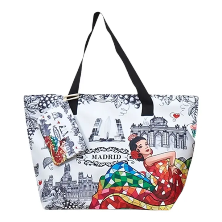 Bolso de playa plegable grande con cremallera - Bolso de hombro ligero y duradero con monedero incluido, ideal para compras, camping y viajes, diseño de hojas tropicales impreso, múltiples colores disponibles - 1