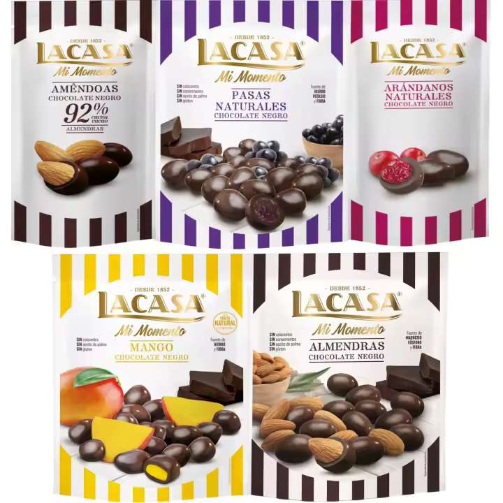 Lacasa Mi Momento pack de 5:Arándano Chocolate Negro ,Almendra 92% ,Pasas Chocolate Negro ,Almendra Chocolate Negro ,Mango Chocolate Negro - 1