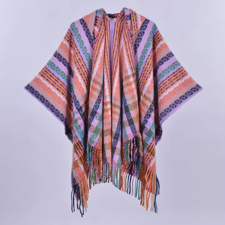 Nuevo manto con capucha de estilo étnico con aberturas a cuadros, chal de viaje con borlas tejidas y chaqueta cálida para tomar fotos - 1