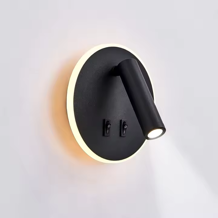 Lámpara de pared LED, lámpara de lectura para mesilla de noche, luces de lectura de pared LED de 12 W, foco ajustable (3 W + 9 W, luz cálida de 3000 K), color negro (forma redonda) [Clase energética F] - 1