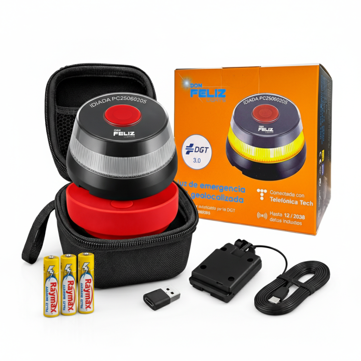 KIT Baliza emergencia V16 Don FELIZ conectada con geolocalizacion DGT 3.0, ventosa ideal, bateria externa, luz de emergencia homologada, conectada y autorizada por DGT, señal V16 con pilas incluidas, conectividad Telefonica , vision 360 grados