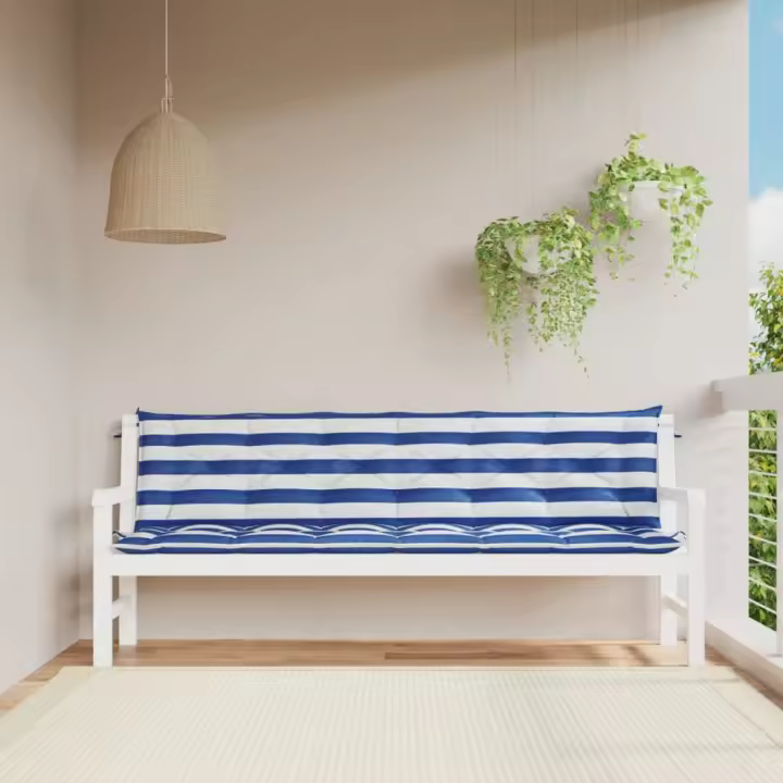 vidaXL Cojines banco jardín 2 uds tela a rayas azul blanco 200x50x7 cm - 1