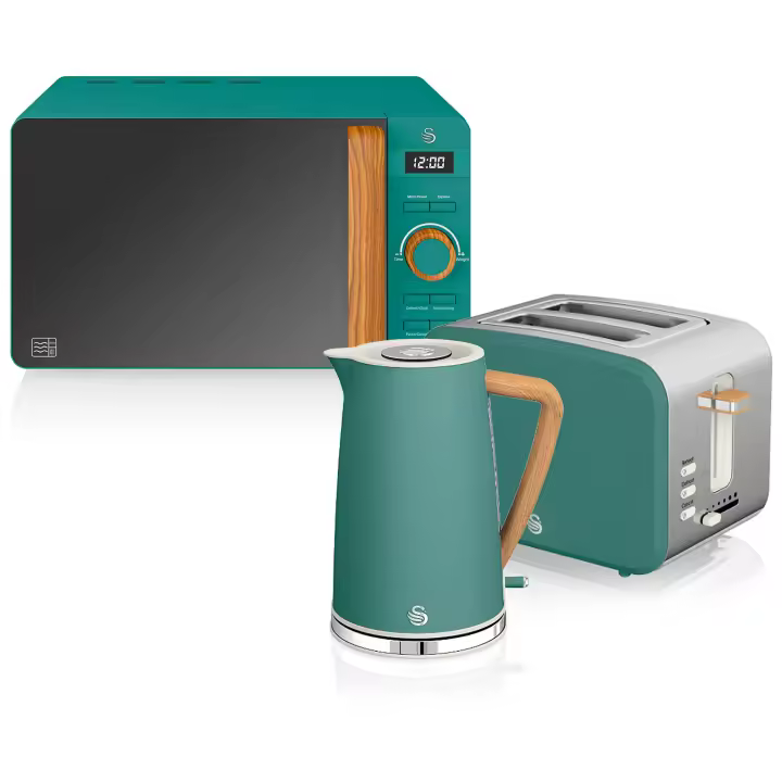 SWAN STRP1060GRENEU Nordic Set Desayuno, Hervidor Agua 1,7L, Tostadora  2 rebanadas, Microondas 20L Digital, Diseño, , Verde - 1