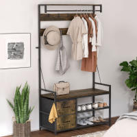 HOMCOM Perchero Zapatero 6 en 1, Perchero Entrada Recibidor con Banco, Zapatero Doble, 10 Ganchos Ajustables, 2 Cajones, Barra Colgante, Estilo Industrial, para Pasillo, 100x40x180 cm, Marrón Rústico - details 1
