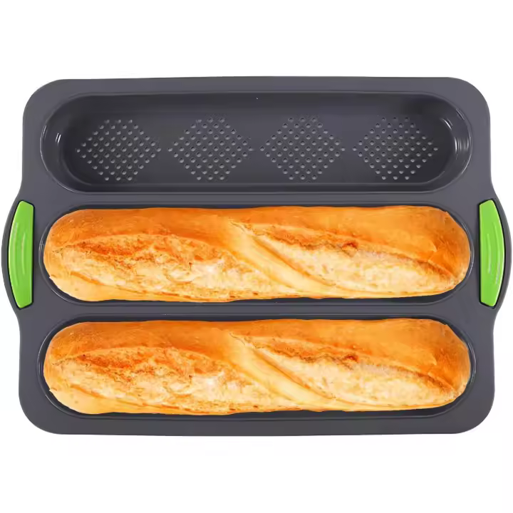 Bandeja para baguette de silicona, resistente a altas temperaturas, bandeja para hornear pan francés, molde antiadherente para hornear con 3 ranuras - 1