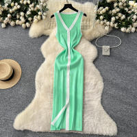Vestido Largo Sin Mangas De Verano Para Mujer REALEFT V-neck Cintura Imperio Slim Alineado Hasta La Cintura De Poliéster - details 4